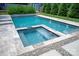Luxurious pool and hot tub surrounded by travertine and lush landscaping, creating a private oasis at 4108 Commonwealth Ave, Charlotte, NC 28205