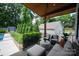 Covered porch with comfortable seating overlooking a landscaped backyard at 4108 Commonwealth Ave, Charlotte, NC 28205
