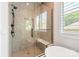 Contemporary shower with glass door and rainfall shower head, with a backyard view at 4108 Commonwealth Ave, Charlotte, NC 28205