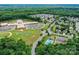 Aerial view of neighborhood, school, community pool and green space with a backdrop of lush greenery at 7325 Overmountain Dr, Rock Hill, SC 29732