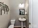 Powder room featuring a pedestal sink, toilet, decorative mirror, and modern lighting fixtures at 7325 Overmountain Dr, Rock Hill, SC 29732