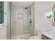 Modern bathroom highlighting the glass-enclosed shower with rainfall showerhead and built-in shelf at 9520 Squirrel Hollow Ln, Charlotte, NC 28270