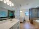 Elegant bathroom with double sinks, a walk-in shower, a soaking tub, and modern fixtures at 10319 Willingham Rd, Huntersville, NC 28078