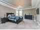 Luxurious main bedroom featuring a tray ceiling, carpet floors, and elegant furnishings at 114 Reserve Ln, Fort Mill, SC 29707