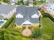 Expansive aerial view of a luxury home with manicured lawn and garden area, including a cozy fire pit at 2026 Thatcher Way, Fort Mill, SC 29715