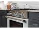 Close-up of a professional-grade stainless steel range and oven, complemented by gray cabinets and subway tile backsplash at 2026 Thatcher Way, Fort Mill, SC 29715