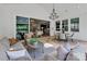 Comfortable covered patio with elegant light fixture and lounge and dining area at 2026 Thatcher Way, Fort Mill, SC 29715