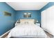 Comfortable bedroom with blue walls, decorative art, and a large bed with white bedding at 2638 Park Rd # H, Charlotte, NC 28209