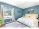 Bright bedroom with a large window, blue walls, and a comfortable bed with white linens at 2638 Park Rd # H, Charlotte, NC 28209