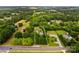 An aerial view shows the property lines surrounding the home on a large treed lot at 648 Odell School Rd, Concord, NC 28027