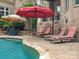 Backyard pool area featuring lounge chairs, red umbrellas, brickwork and lush landscaping at 6742 Charlotte Hwy, York, SC 29745