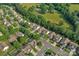Aerial view of a neighborhood with well-maintained homes, green lawns, and lush trees at 10405 Scotland Ave, Indian Land, SC 29707