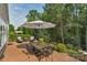 Inviting brick patio features an outdoor dining area with umbrella and seating, surrounded by lush landscaping at 10405 Scotland Ave, Indian Land, SC 29707