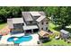 Aerial view of the luxurious estate showing the pool, outdoor kitchen, well-manicured landscaping, and custom home at 14701 Cabarrus Rd, Mint Hill, NC 28227