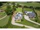 Stunning aerial view of luxurious homes with pools, manicured lawns, and a scenic pond in the Atherton community at 324 Squash Harvest Ct, Matthews, NC 28104