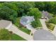 Aerial view of a gray two-story home nestled within a cul-de-sac, surrounded by lush greenery and driveways at 4101 Fairway Downs Ct # 9, Charlotte, NC 28277