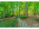 Private backyard with a stone path leading to wooden chairs surrounded by lush greenery and mature trees at 4319 Sailview Dr, Denver, NC 28037