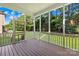 A screened-in porch featuring wooden flooring, white columns, and views of the backyard at 10024 Hazelview Dr, Charlotte, NC 28277