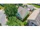 Aerial view of a light blue home with a pink umbrella in the backyard at 186 Gresham Ln, Mooresville, NC 28117