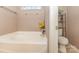 Relaxing bathroom featuring a soaking tub with flower decor and a separate toilet area with shelving at 186 Gresham Ln, Mooresville, NC 28117