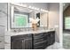 Bright bathroom with granite double vanity, decorative lights, and a large mirror at 7703 Juniper Ln, Denver, NC 28037