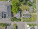 Aerial view features multiple buildings, parking lot, green spaces, cars, and surrounding neighborhood at 111 E Church St, Stanley, NC 28164