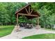 Outdoor entertaining area with a gazebo featuring a grill and seating on a stone patio at 138 Lanyard Dr # B, Mooresville, NC 28117