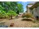 Landscaped backyard featuring a stone fire pit, lush plantings, and a charming brick exterior at 1705 Townsend Ln, Rock Hill, SC 29730