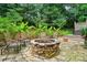 Outdoor stone fire pit surrounded by chairs and tropical plants creates a cozy backyard entertainment space at 1705 Townsend Ln, Rock Hill, SC 29730