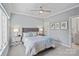 This bedroom features a grey bed, two side tables, and light blue walls at 18718 Peninsula Cove Ln, Cornelius, NC 28031
