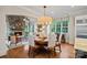 Cozy dining room with stone fireplace, hardwood floors, and abundant natural light, perfect for Gathering meals at 18718 Peninsula Cove Ln, Cornelius, NC 28031