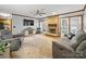 Inviting living room featuring a brick fireplace, neutral color palette, and hardwood floors throughout the space at 2223 Jon Chris Dr, Harrisburg, NC 28075