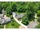Aerial view of property showcasing lush landscaping, single story home and detached garage at 2715 Kennetuck Ct, Charlotte, NC 28273