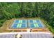 Aerial view of new pickleball courts with green and blue surfaces surrounded by woods at 3078 Mountain Creek Dr, Sherrills Ford, NC 28673