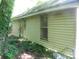 Side exterior of home with yellow siding, overgrown landscape and dual windows at 421 W Cemetery St, Salisbury, NC 28144