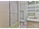Neutral toned bathroom with a shower and open shelving at 466 Shiloh Church Rd, Hickory, NC 28601