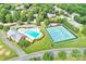 Aerial view showcases a pool and tennis court surrounded by lush greenery and neighborhood homes, ideal for active living at 524 Wildbrook Walk, Fort Mill, SC 29708