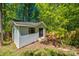A shed sits in a yard with mature trees at 7435 Hammond Dr, Charlotte, NC 28215