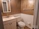 Updated bathroom with a vanity sink, toilet, and towel rack featuring elegant fixtures and detailed wall textures at 7608 Surreywood Pl, Charlotte, NC 28270