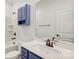 Bathroom with vanity, blue cabinets, and a built-in storage unit above the toilet at 8406 Flint Hill Dr, Charlotte, NC 28273
