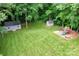 Large backyard with green lawn, trees, playhouse, and storage sheds at 8938 Glencroft Rd, Mint Hill, NC 28227
