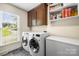 Functional laundry room with modern washer and dryer units, plus storage and natural light at 8938 Glencroft Rd, Mint Hill, NC 28227
