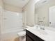 Well-maintained bathroom featuring a bathtub and shower combination, complemented by a classic single sink vanity at 9507 Reid Hall Ln, Matthews, NC 28105