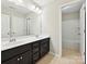 Modern bathroom features double sinks, dark cabinetry, and a large mirror with updated vanity lighting at 9507 Reid Hall Ln, Matthews, NC 28105