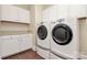 Laundry room with front load washer/dryer and white cabinets above at 11052 Preservation Park Dr, Charlotte, NC 28214
