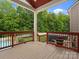 Open-air wooden patio deck features a built-in hot tub, surrounding lush foliage, and a black metal railing at 3038 Sterling Ct, Fort Mill, SC 29707
