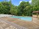 Inground pool features a large deck, tiki bar, lush greenery, and privacy fencing for summer fun at 3038 Sterling Ct, Fort Mill, SC 29707