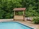 Poolside tiki bar made of bamboo and thatch offers a tropical outdoor entertaining experience at 3038 Sterling Ct, Fort Mill, SC 29707