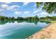 Scenic pond view with clear blue waters, tree-lined shores, and a glimpse of neighborhood houses at 7026 Quail Hill Rd, Charlotte, NC 28210