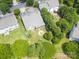 An aerial view of a grassy backyard with a patio, established garden and mature trees at 8605 Soaring Eagle Ln, Waxhaw, NC 28173